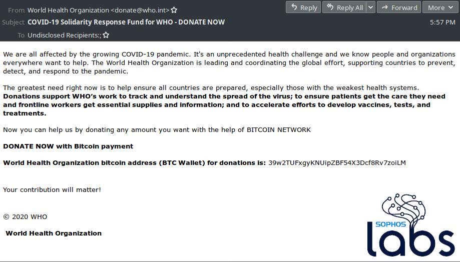 Screenshot of fake email requesting Bitcoin donations for the WHO. Source: Twitter